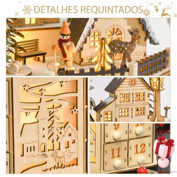 Calendário do Advento de Natal em Madeira Reutilizável com Luzes LED 24 Gavetas Cena de Aldeia 25x20x29 cm Natural