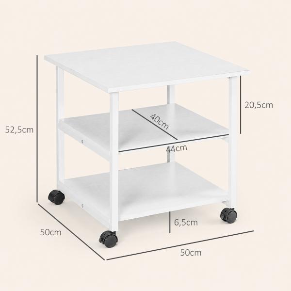 Suporte para Impressora de 3 Níveis com Rodas e Prateleiras de Arrumação 50x50x52,5 cm Branco