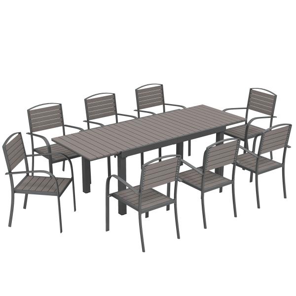 Conjunto de Mesa e Cadeiras de Jardim com Mesa Extensível Estrutura de Alumínio 8 Cadeiras e Tampo de Ripas de Madeira Plástica