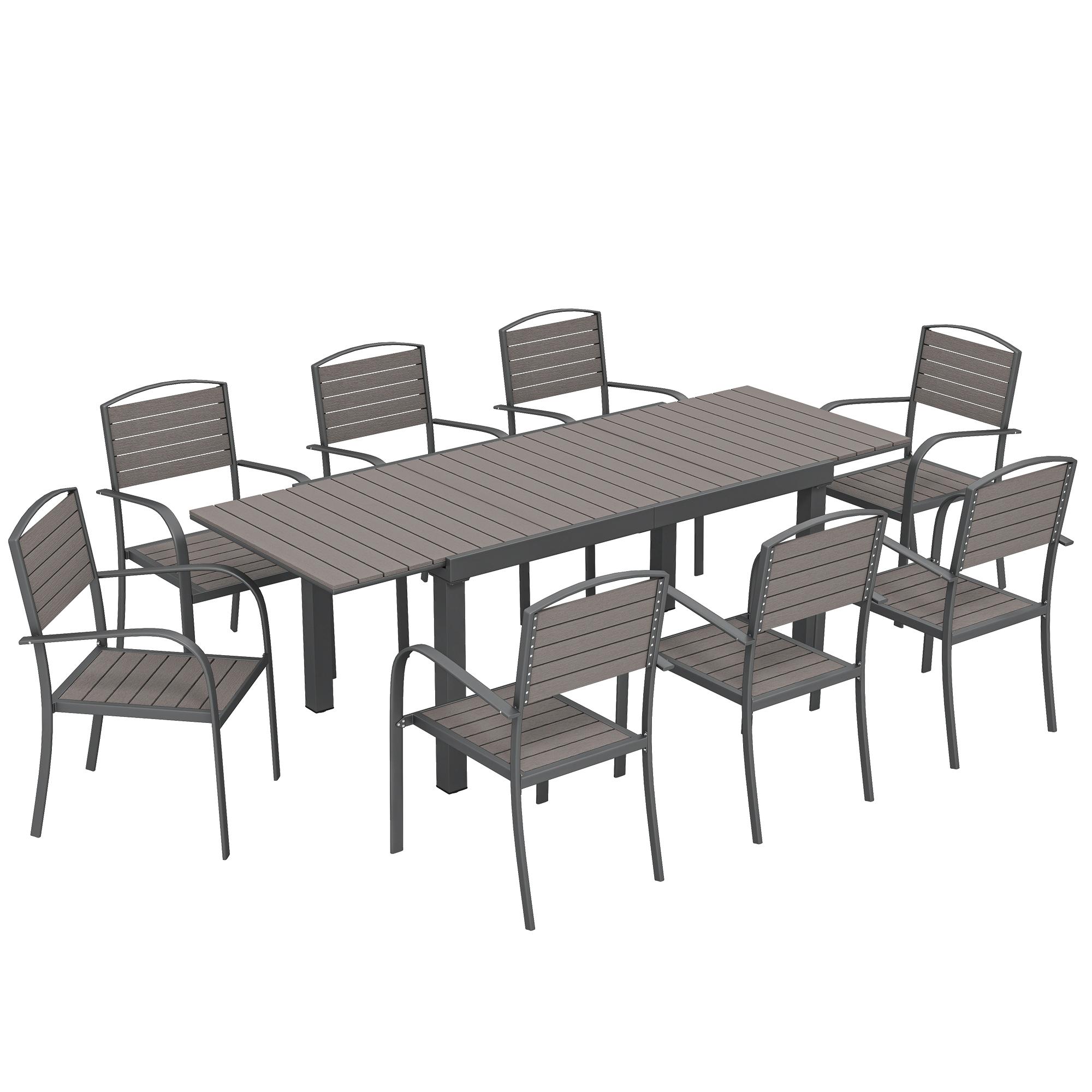 Conjunto de Mesa e Cadeiras de Jardim com Mesa Extensível Estrutura de Alumínio 8 Cadeiras e Tampo de Ripas de Madeira Plástica