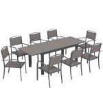 Conjunto de Mesa e Cadeiras de Jardim com Mesa Extensível Estrutura de Alumínio 8 Cadeiras e Tampo de Ripas de Madeira Plástica