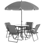 Conjunto de Mesa e Cadeiras de Jardim de 6 Peças com 4 Cadeiras Dobráveis Mesa de Vidro e Chapéu de Sol Cinzento