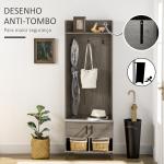 Móvel Cabide de Entrada com Sapateiro 3 Ganchos 2 Portas 2 Compartimentos e Prateleira de Armazenamento 60x34x170 cm Cinza
