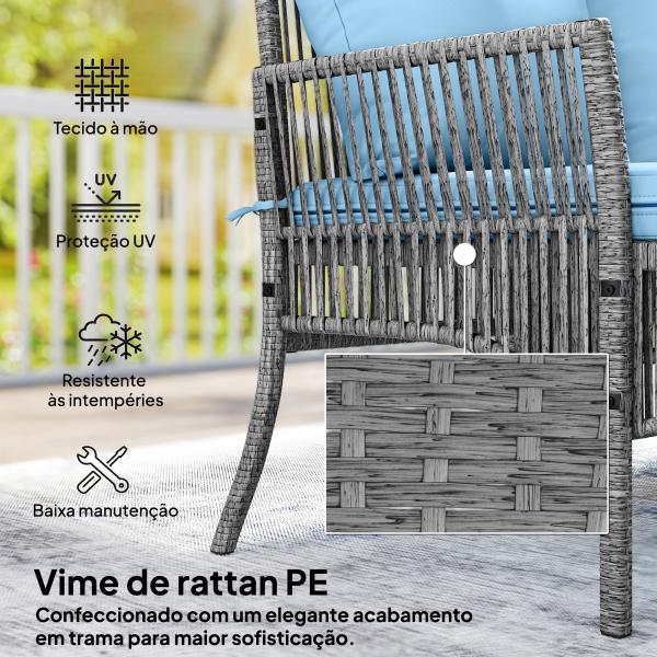 Conjunto de Jardim Exterior de Vime com Sofá de 2 Lugares, Chaise Longue e Mesa de Centro com Vidro Temperado Azul Claro