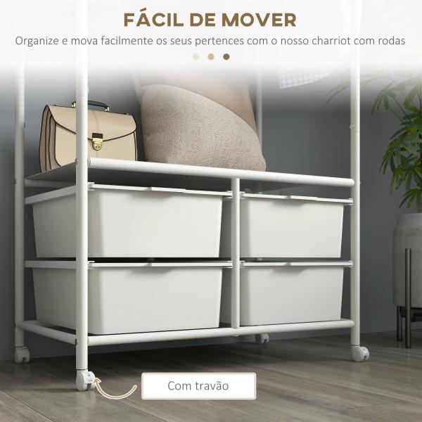 Charriot Moderno 8 Ganchos e 4 Cestos para Armazenamento Charriot com Rodas e Estrutura de Aço 63x37x153 cm Branco
