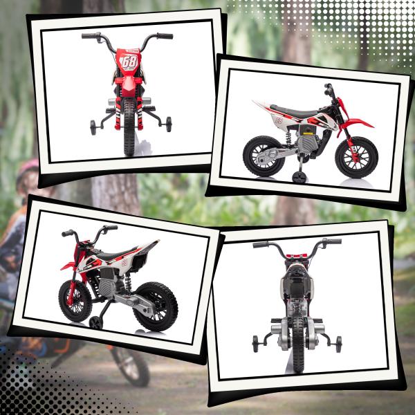 Mota Elétrica para Crianças com Bateria 12V Música Velocidade 2,4 - 5 km/h e Rodas Auxiliares 109,5x60x72,5 cm Vermelho