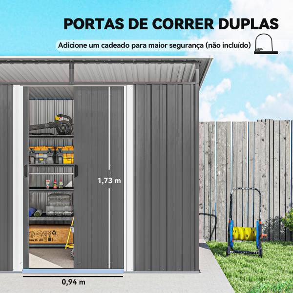 Abrigo de Jardim 4,5 m² 260x194x200 cm Abrigo Exterior Metálico com 2 Portas Deslizantes para Armazenamento de Ferramentas Cinza