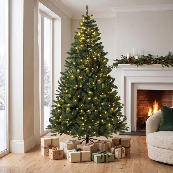 Árvore de Natal 210 cm com 350 Luzes LED, 11 Modos, Controlo Remoto e Base Dobrável em Aço, Verde