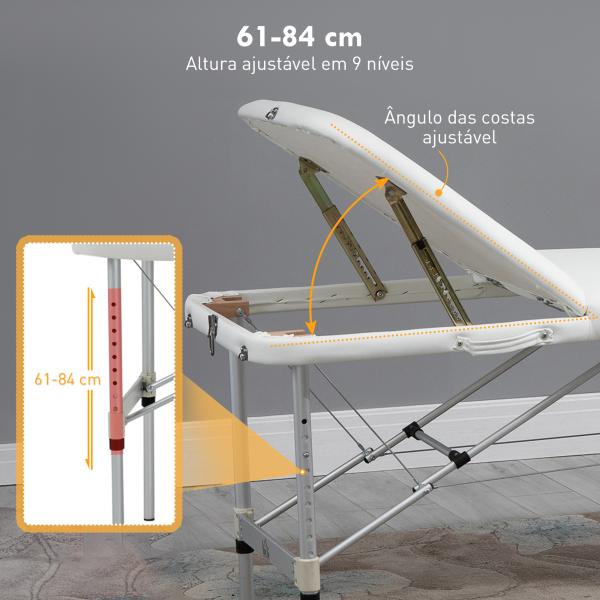 Marquesa de Massagem Dobrável e Portátil com Altura Ajustável e Apoio para a Cabeça 215x81x61 - 84 cm Branco