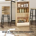 Conjunto Mesa Alta com 2 Bancos Apoios para os Pés 3 Compartimentos Prateleira Ajustável para Cozinha Carvalho