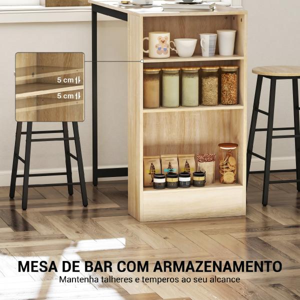Conjunto Mesa Alta com 2 Bancos Apoios para os Pés 3 Compartimentos Prateleira Ajustável para Cozinha Carvalho