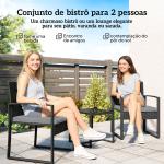 Conjunto de Móveis de Exterior de 3 Peças em Vime PE com Cadeiras Mesa de Vidro Temperado e Almofadas Cinza Claro