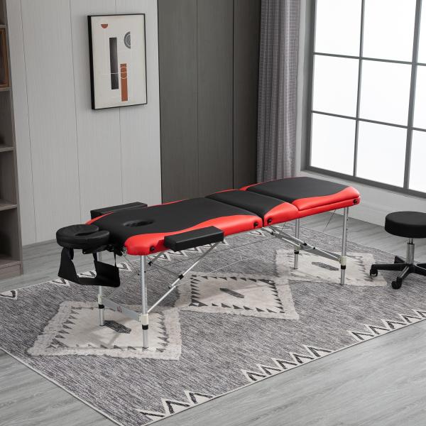 Marquesa de Massagem Dobrável e Portátil com Altura Ajustável Apoio para a Cabeça e Apoio para os Braços 215x60x61 - 84 cm Preto e Vermelho