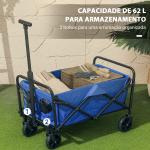 Carrinho de Transporte com Rodas Carrinho de Jardim Dobrável com Pega Telescópica Ajustável 2 Bolsas de Arrumação 64x42x27 cm Azul
