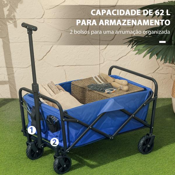 Carrinho de Transporte com Rodas Carrinho de Jardim Dobrável com Pega Telescópica Ajustável 2 Bolsas de Arrumação 64x42x27 cm Azul