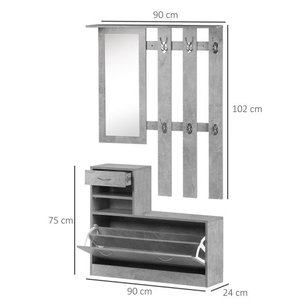 Móvel Cabide de Entrada de 3 Peças Armário de Entrada com Cabide Espelho Sapateira e Gaveta 90x10x102 cm Cinza