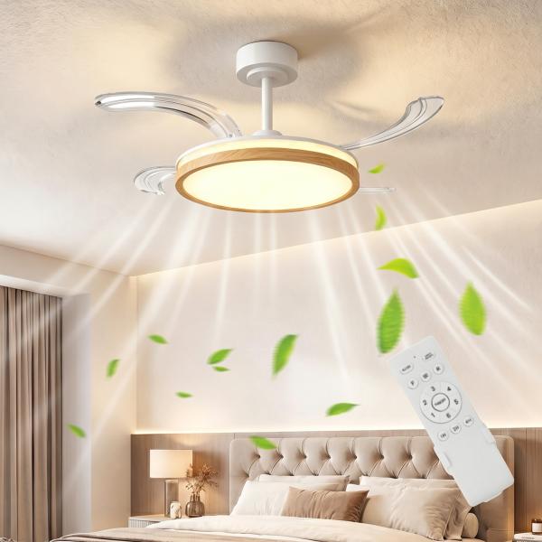 Ventoinha de Teto com Luz LED 80 W Motor DC Reversível Controlo Remoto 6 Velocidades Temporizador Ø95 cm Branco e Madeira