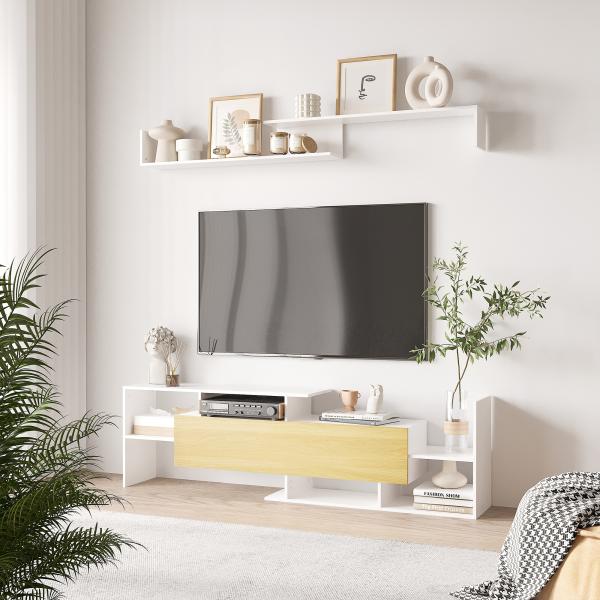 Móvel de TV Moderno Móvel para Televisores 153,6x25x42cm e Prateleira de Parede 150x14,5x16,3cm Branco e Madeira