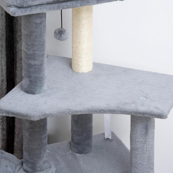 Arranhador para Gatos 127 cm com Caverna Rede Cama Plataformas Rampa de Sisal Bola Pendurada Cinza