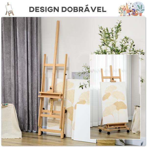 Cavalete de Pintura Dobrável 238 cm Cavalete de Madeira com Rodas Altura Ajustável Bandeja Madeira