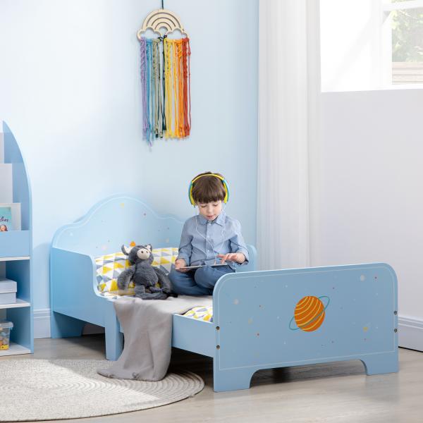 Cama para Crianças de 3 - 6 Anos 143x74x59cm Cama Infantil de Madeira com Barreiras de Proteção Azul