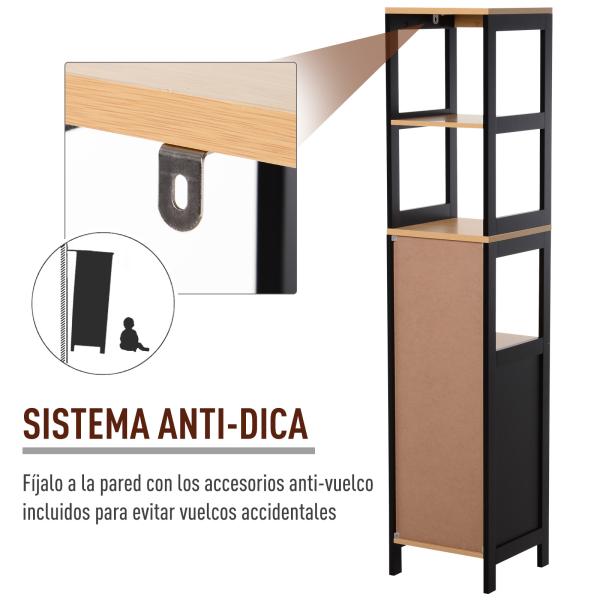 Coluna Casa de Banho com 3 Prateleiras e 2 Gavetas Armário Alto para Casa de banho Estilo Moderno 30x30x144,3 cm Madeira e Preto