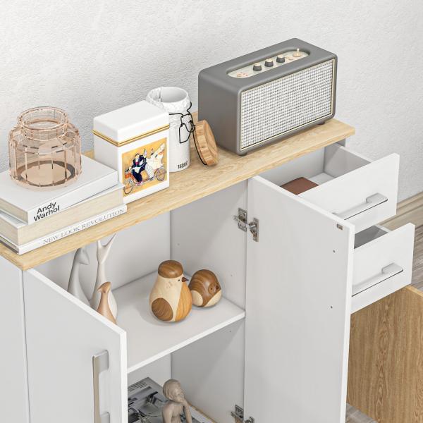 Aparador Sala de Estar Moderno com 2 Gavetas 2 Armários e Prateleiras Ajustáveis 90x30x75,5 cm Branco e Madeira