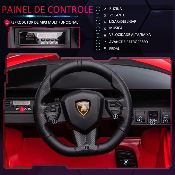 Carro Elétrico Lamborghini SIAN 12V para Crianças de 3 - 5 anos com Controle Remoto Abertura da Porta Música MP3 USB e Faróis 108x62x40cm Vermelho
