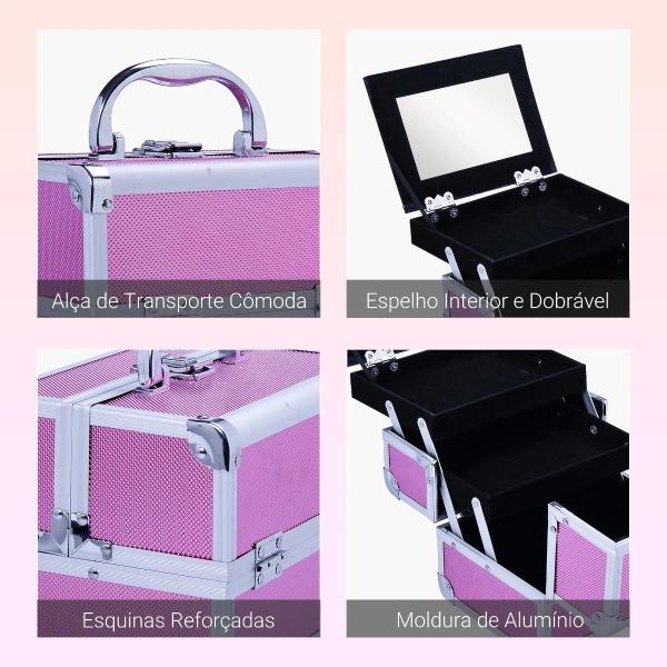 Estojo de Maquiagem Profissional Portátil de Cosméticos com Bandejas de 3 Níveis e Espelho 2 Chaves para Porta - Joias Manicure 15x15x20cm Rosa