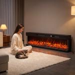 Lareira Elétrica Encastrável ou de Chão 750/1500W, 3 Lados, 12 Cores de Chama 3D, Termóstato, Comando à Distância, Preto