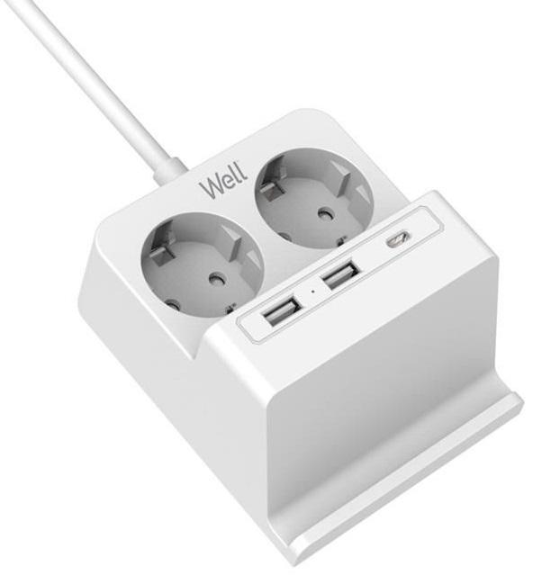 Extensão Protectora Dupla 36800W c/ 2x USB e 1x USB - C + Carreg. Indução c/ Suporte (2 mts) - WELL