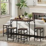 Conjunto de Mesa de Bar com 4 Bancos com Apoio para os Pés Mesa de 100x60x88cm e Bancos de 32x32x57cm Preto e Nogueira