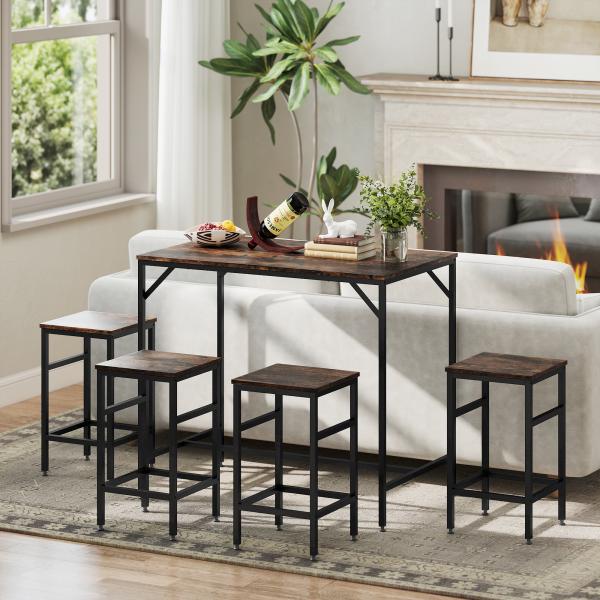 Conjunto de Mesa de Bar com 4 Bancos com Apoio para os Pés Mesa de 100x60x88cm e Bancos de 32x32x57cm Preto e Nogueira