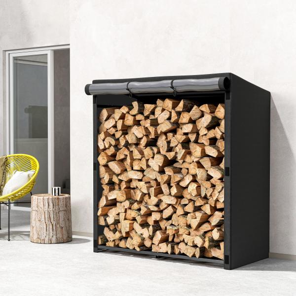 Suporte Metálico para Lenha 140x70x154 cm com Capa Impermeável 600D Oxford Estrutura de Aço Preto