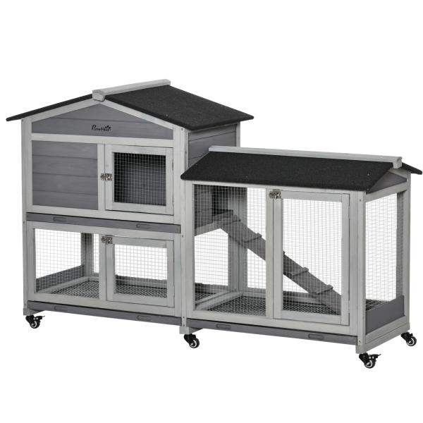 Casota para Coelhos Exterior 157,4x53x99,5 cm Gaiola Grande com Rodas, Telhado Asfáltico, Tabuleiros Removíveis e Rampa Cinzento