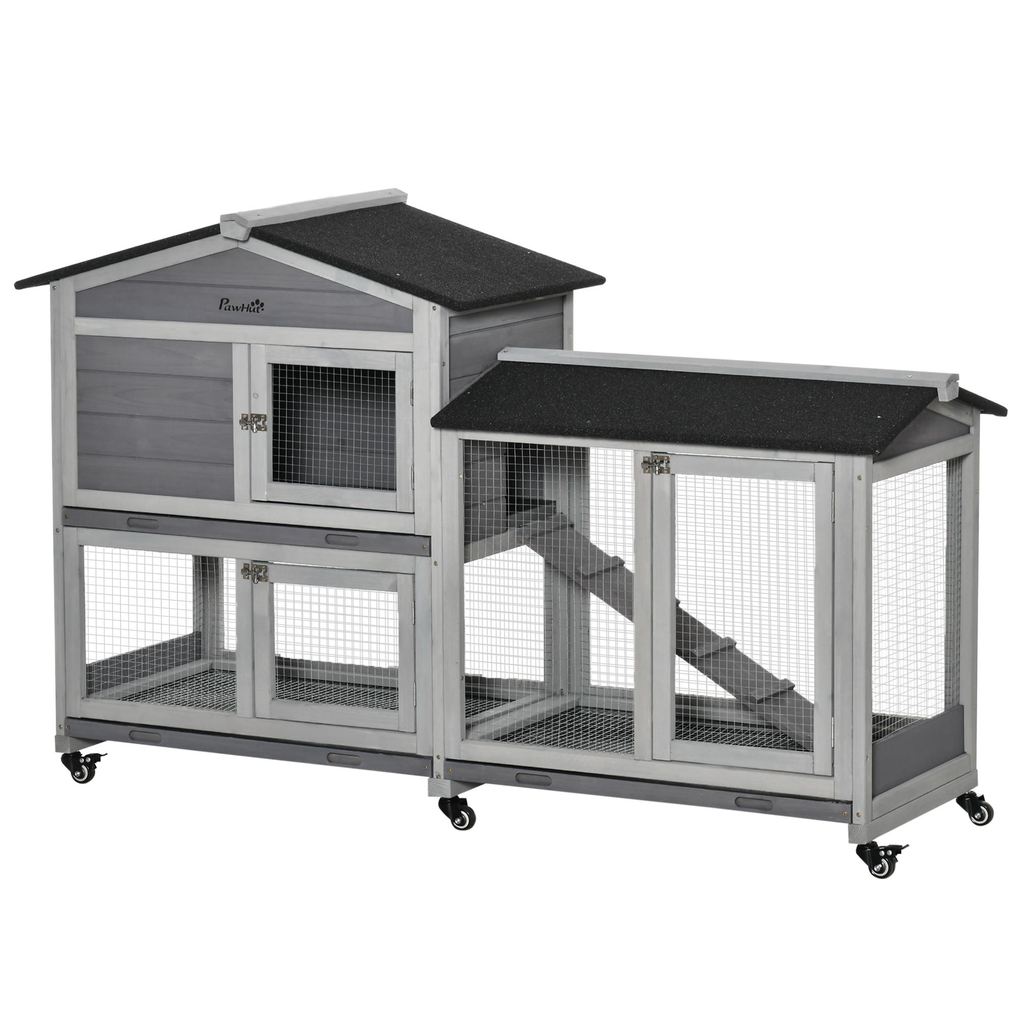 Casota para Coelhos Exterior 157,4x53x99,5 cm Gaiola Grande com Rodas, Telhado Asfáltico, Tabuleiros Removíveis e Rampa Cinzento
