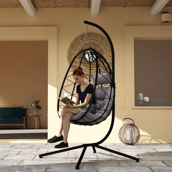 Cadeira Suspensa com Suporte Baloiço Jardim com Cesto Dobrável Almofada e Apoio de Cabeça 98x95x198 cm Cinzento