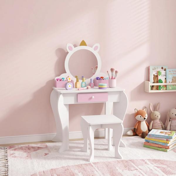 Toucador Infantil com Banco e Espelho Toucador de Maquilhagem com Gaveta Compartimentos Desenho de Unicórnio Branco