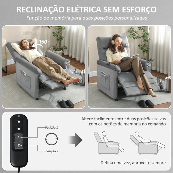 Poltrona Relax com Aquecimento Lombar e Massagem por Vibração Reclinável Função de Memória 82x99x106 cm Cinzento