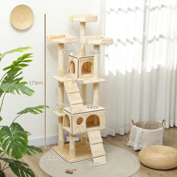 Árvore Arranhador para Gatos Grande 49x49x173 cm com Múltiplos Níveis Cavernas Brinquedos Suspensos Centro de Atividades de Sisal Bege