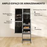 Espelho Joalheiro com Luzes LED Armário para Joias com Ângulo Ajustável Prateleiras Ranuras para Anéis 36x30x136 cm Cinzento