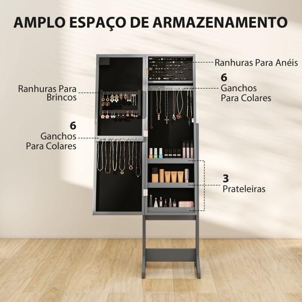 Espelho Joalheiro com Luzes LED Armário para Joias com Ângulo Ajustável Prateleiras Ranuras para Anéis 36x30x136 cm Cinzento