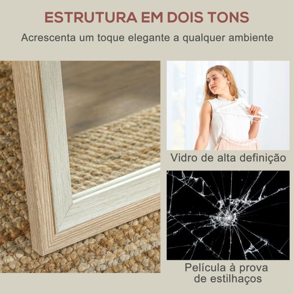 Espelho de Pé 37x157 cm Espelho de Corpo Inteiro com Estrutura de MDF e Suporte Branco e Madeira Clara