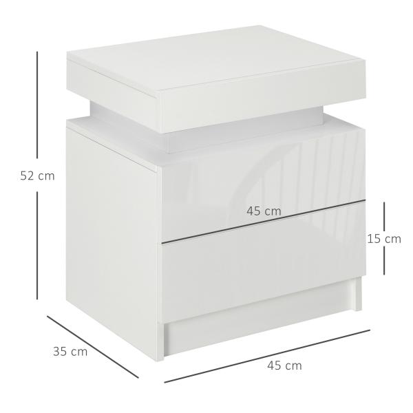 Mesa de Cabeceira com Luz LED Mesa de Cabeceira Painel de Alto Brilho 2 Gavetas e Controlo 45x35x52 cm Branco