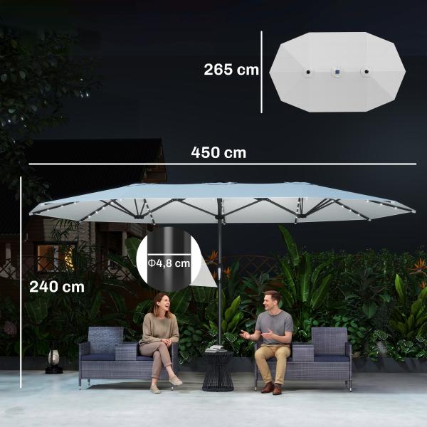Chapéu de Sol Duplo com 48 Luzes LED 4,5x2,65 m Manivela Proteção Solar para Terraço Jardim Piscina Creme
