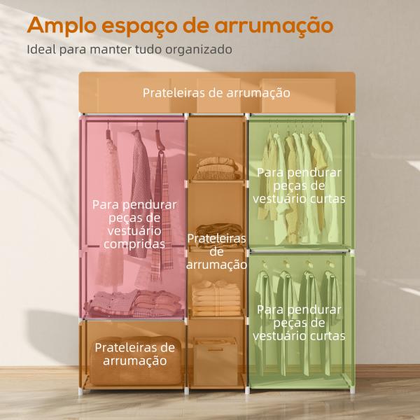 Armário para Roupas 182x43x185 cm Armário Aberto com 8 Prateleiras de Tecido Barras para Pendurar 182x43x185 cm Cinza