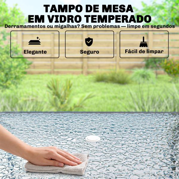 Conjunto de Mesa e Cadeiras de Jardim de 8 Peças com Chapéu de Sol 6 Cadeiras Dobráveis e Mesa de Vidro Creme e Cinza
