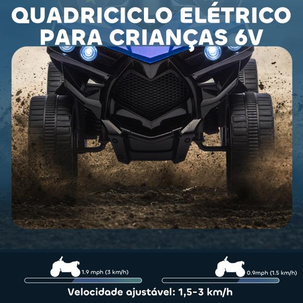 Quadriciclo Elétrico para Crianças 6 V Quadriciclo para Crianças com Velocidade até 3 km/h Faróis e Música 70x42x45 cm Azul