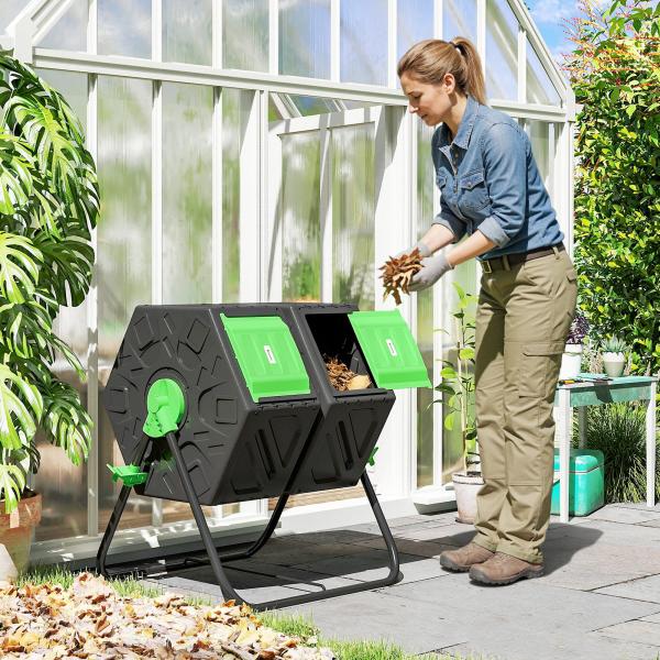 Compostor Giratório de 130L Recipiente de Compostagem de Jardim de Dupla Câmara com Aberturas de Ventilação 67x60x77 cm Preto e Verde