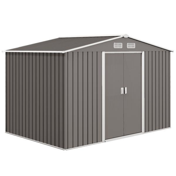 Abrigo de Jardim Exterior 4,83m² 277x195x192cm Abrigo e Jardim Metálico para Armazenamento de Ferramentas com Base Incluída e 4 Janelas Cinza